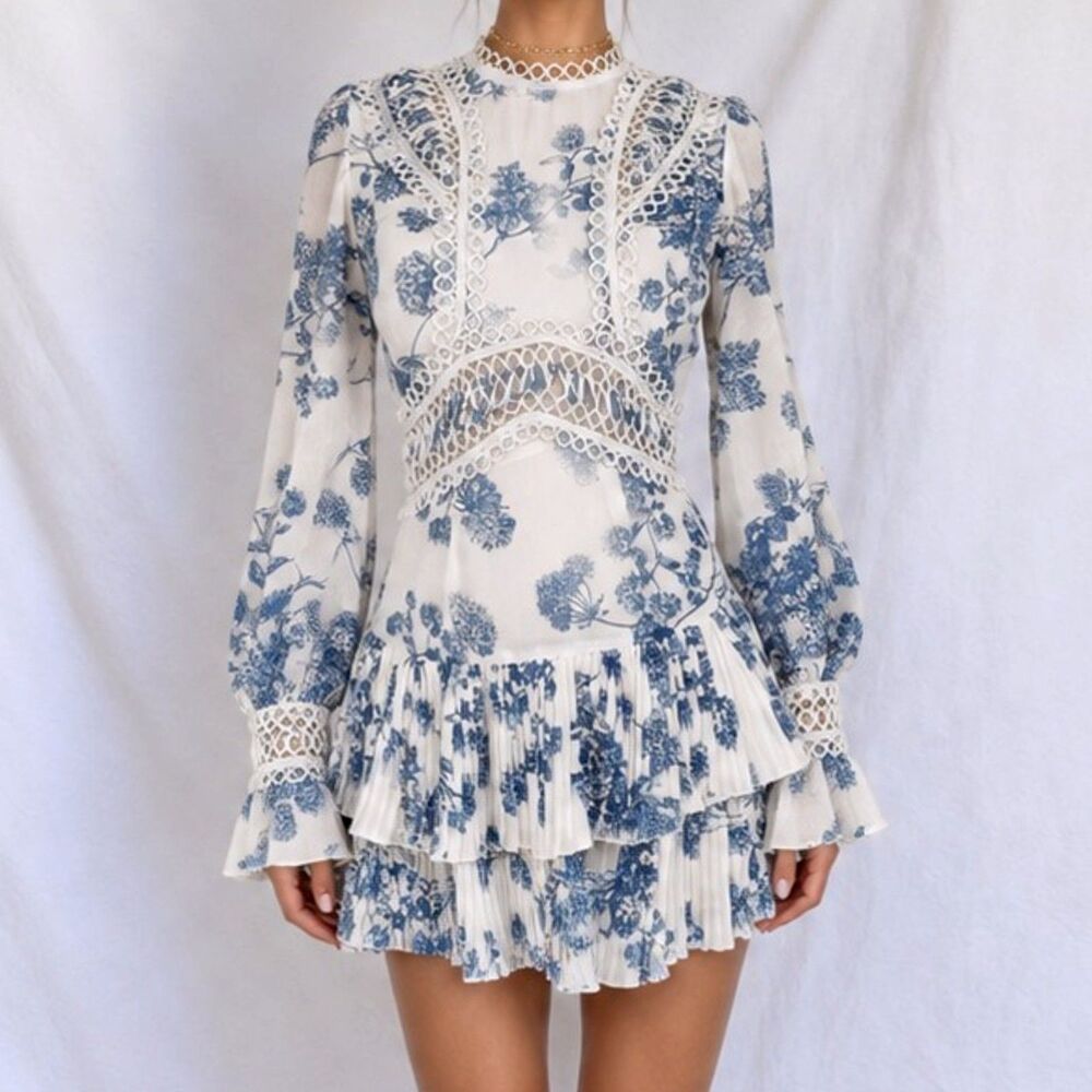 Vintage White Blue Long Puffy Sleeve Floral Pleated Flared Mini Dress Size XS